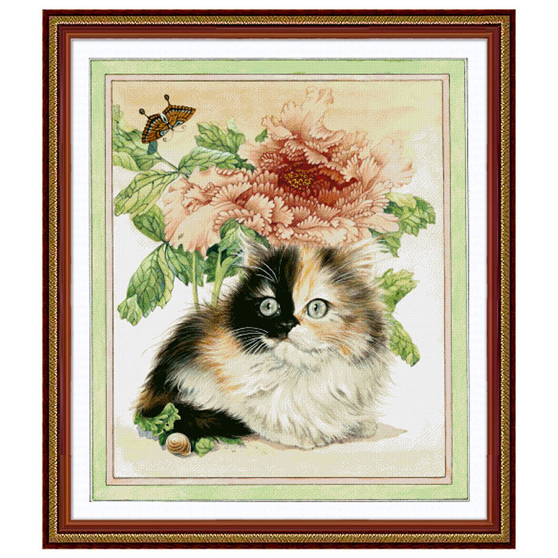 小小鱼DMC绣线十字绣套件 动物D890猫咪牡丹满绣手工刺绣精准印花