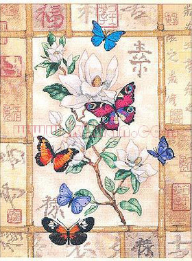 小小鱼DMC绣线十字绣套件 T123玉兰蝴蝶乳白绣布植物花卉