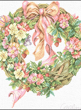 小小鱼DMC绣线植物花卉精准印花 B1076粉色花环十字绣套件