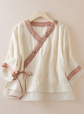 复古新中式苎麻绣花衬衫女夏季欧根纱拼接斜襟系带茶服文艺上衣潮