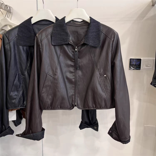 高端欧货pu皮衣翻领短外套女春秋新款时尚显瘦外搭机车服休闲夹克