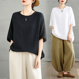宽松肌理感圆领套头棉麻半袖 大码 上衣 T恤女夏季 复古禅意亚麻短袖