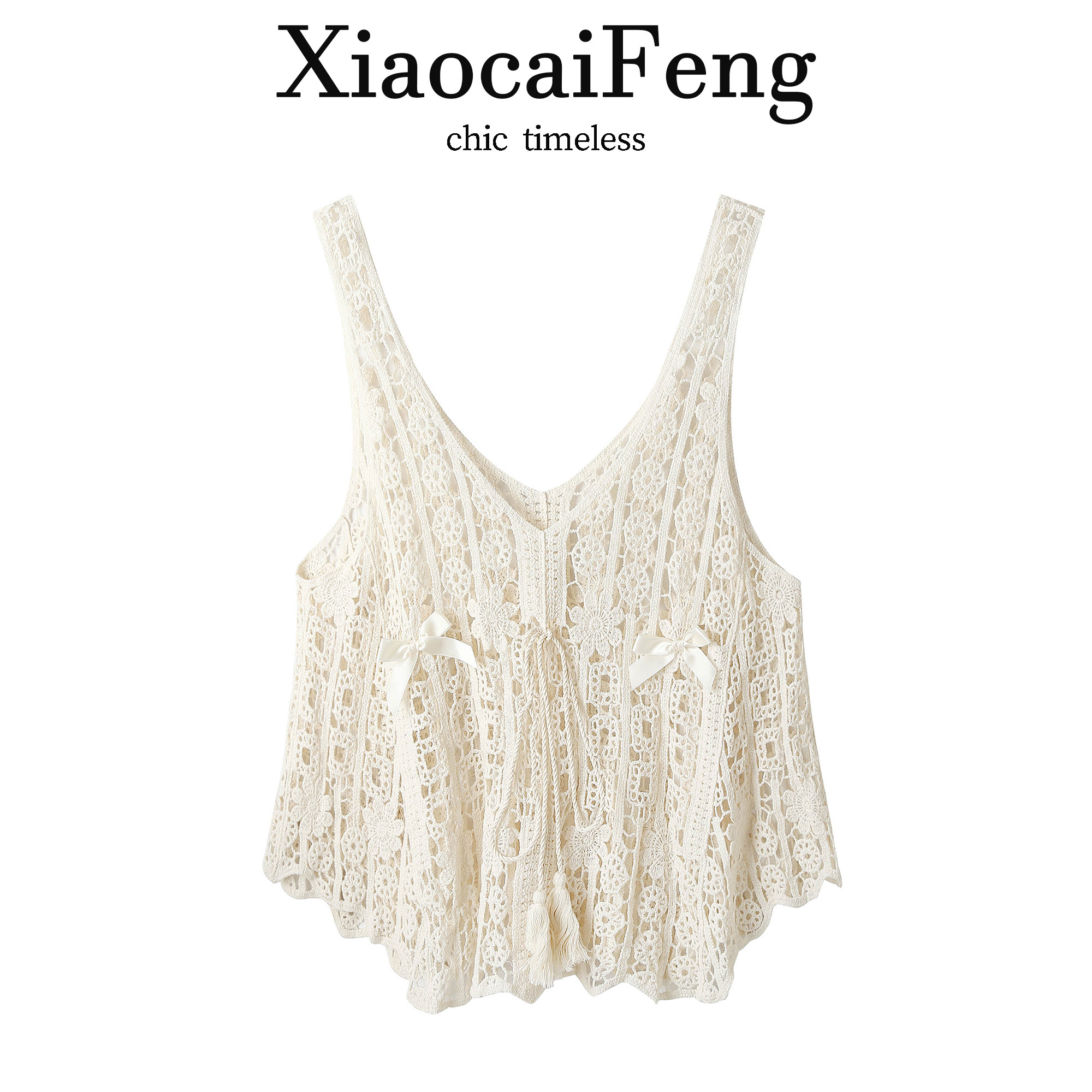 独特漂亮钩花镂空蝴蝶结针织背心马甲女夏季宽松无袖吊带上衣罩衫
