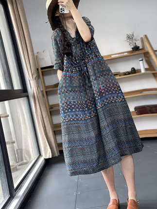 日本日系高端外贸出口女装复古苎麻印花短袖连衣裙收腰显瘦长裙