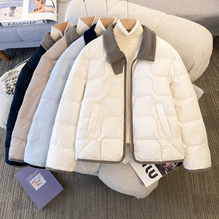 大码胖mm拼色条绒翻领羽绒棉衣外套女冬季韩版轻薄夹棉保暖面包服
