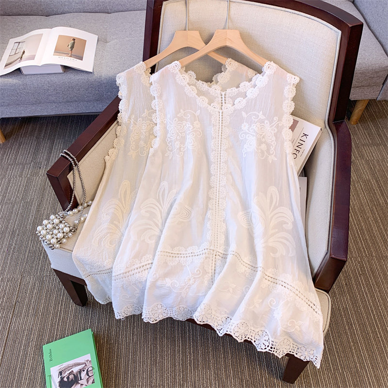 法式蕾丝镂空刺绣棉麻背心女夏季中长款外搭罩衫宽松遮肉无袖上衣
