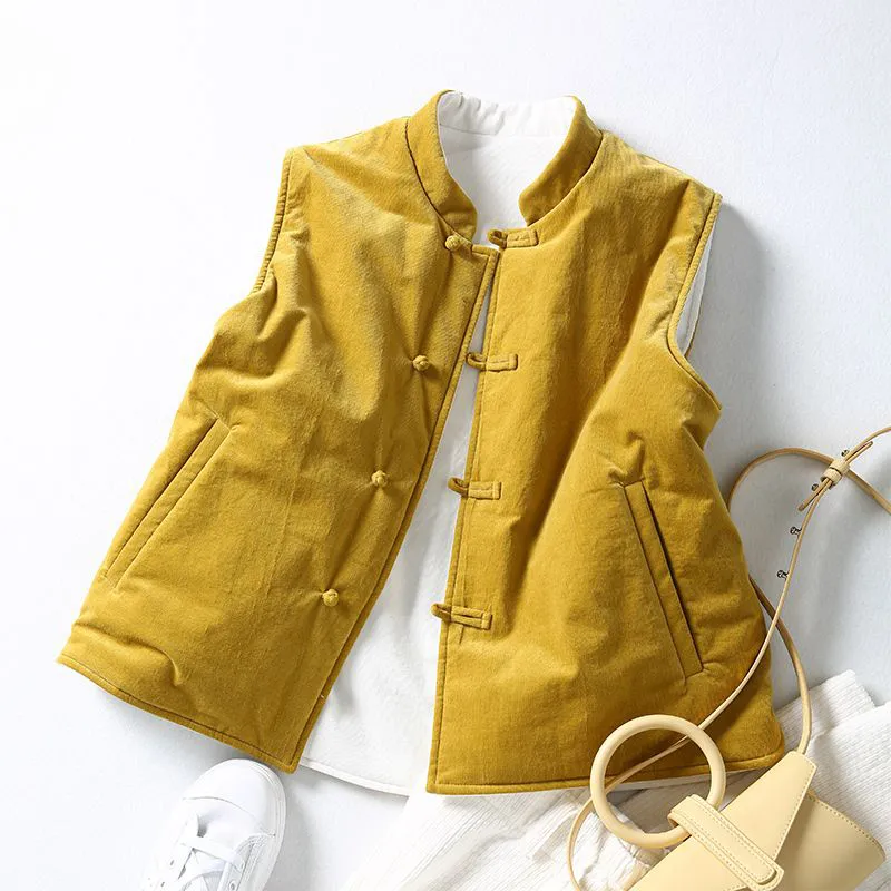 双面穿灯芯绒马甲短外套女秋冬中式盘扣加厚保暖无袖坎肩外搭上衣