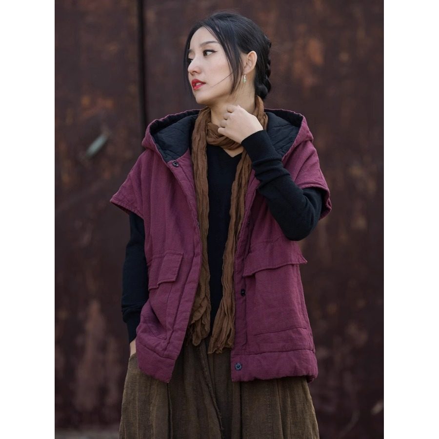 复古炒色做旧连帽夹棉马甲女冬季加厚保暖宽松外搭无袖苎麻短外套,女装/女士精品,马夹,淘宝优惠券,粉丝福利购,淘宝优惠卷