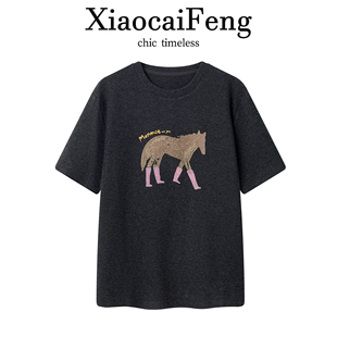 宽松遮肉显瘦百搭圆领上衣潮 T恤女夏季 复古美式 卡通小马印花短袖