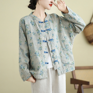 复古国风碎花衬衫短外套女秋装高端文艺禅意茶服气质改良唐装上衣