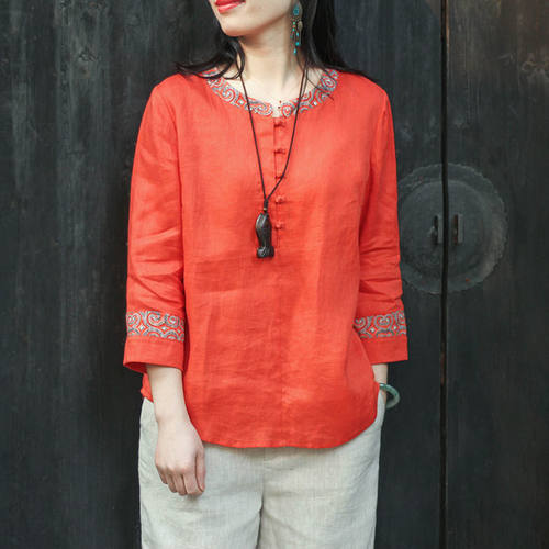 中式盘扣棉麻衬衫女领苎麻小衫