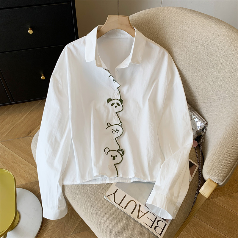 韩版趣味卡通刺绣长袖衬衫女春秋新款休闲宽松减龄内搭打底短上衣,女装/女士精品,衬衫,淘宝优惠券,粉丝福利购,淘宝优惠卷