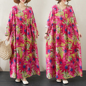 复古碎花棉麻连衣裙女春秋大码 胖mm波西米亚印花度假大摆长裙子潮