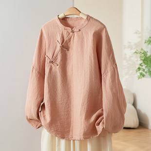 新中式高级感复古盘扣长袖衬衫女春装宽松百搭亚麻衬衣汉元素上衣