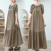 一字肩圆领两穿波西米亚风宽松系带显瘦长款 大码 胖mm夏季 连衣裙女