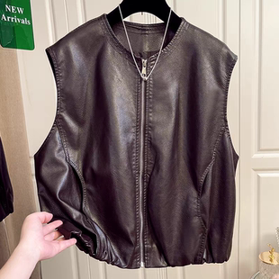 高级感复古pu皮衣圆领坎肩马夹女春秋韩版 外搭叠穿背心外套上衣潮