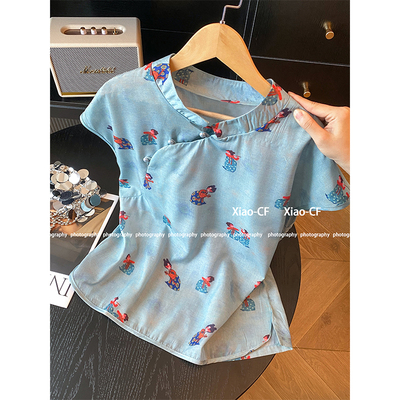 新中式盘扣旗袍上衣女夏季减龄款短袖小衫显瘦气质仕女图国风衬衫