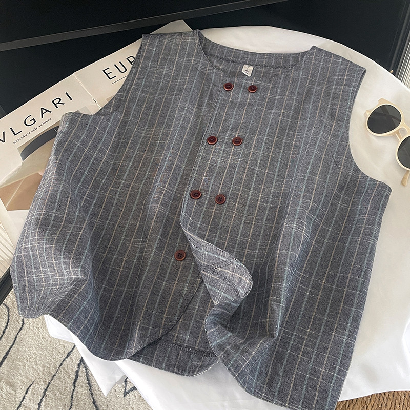 复古风棉麻条纹无袖短款外穿西装马甲女夏季宽松显瘦坎肩背心外套