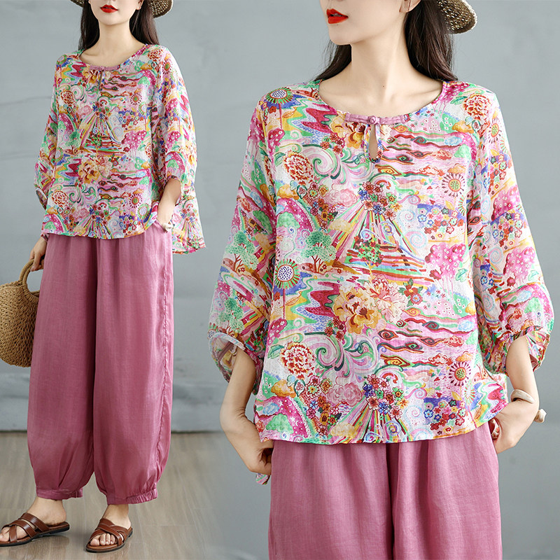 大码胖mm民族风印花套装女夏装棉麻七分袖上衣宽松阔腿裤两件套潮