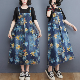 连衣裙 胖mm遮肉吊带中长裙无袖 洋气减龄印花牛仔背带裙女夏季 大码