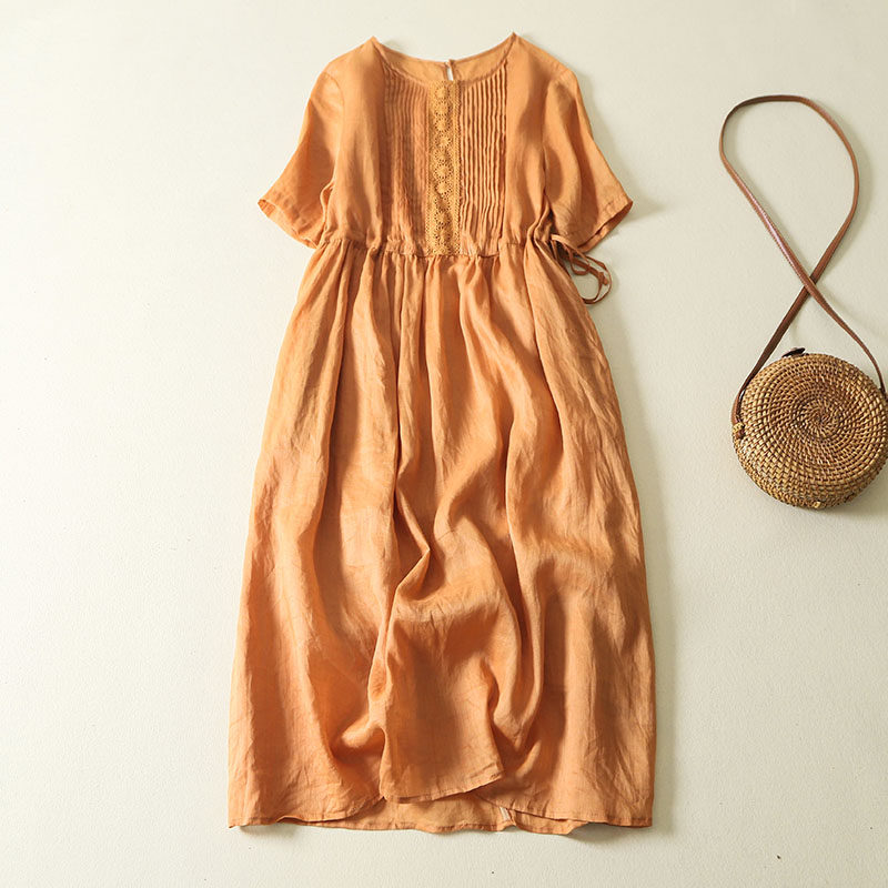 外贸法国品牌尾货日系亚麻连衣裙女气质飘逸收腰显瘦风琴褶大摆裙