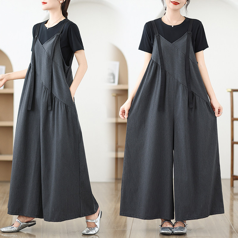 复古条纹拼接吊带背带裤女夏季胖mm宽松显瘦阔腿长裤休闲连体裤裙