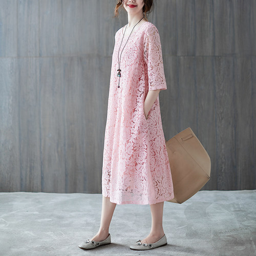 胖仙女大码女装遮肉蕾丝连衣裙