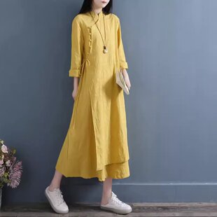 中国风盘扣改良棉麻连衣裙女春秋新款复古新中式禅意茶服中长裙子