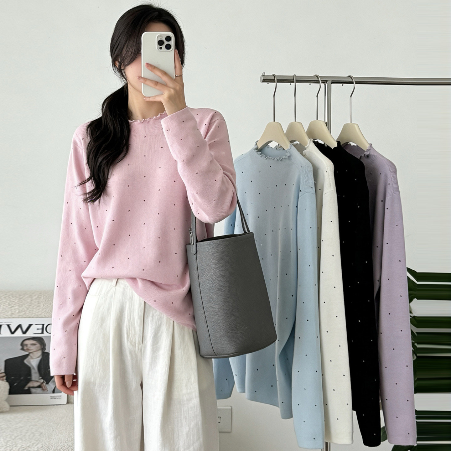 粉色木耳边半高领波点针织衫女2026春新款大码胖mm正肩减龄打底衫,女装/女士精品,毛针织衫,淘宝优惠券,粉丝福利购,淘宝优惠卷