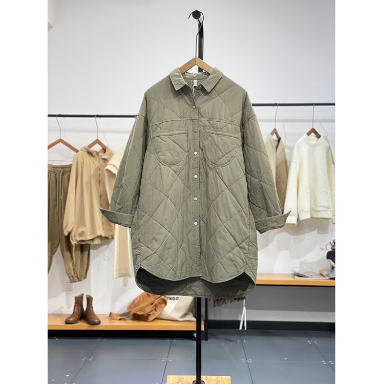 绿色复古翻领衬衫棉服外套女冬装休闲宽松简约中长款羽绒棉衣上衣