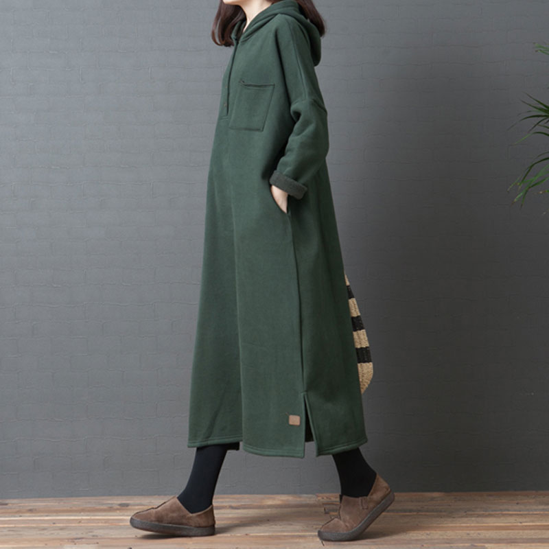 文艺大码纯色加厚中长款卫衣裙