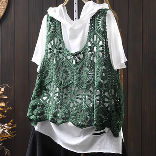 复古针织镂空刺绣背心女纯色休闲百搭圆领无袖 外穿洋气叠穿马夹夏