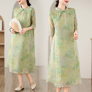 复古国风印花连衣裙女夏季 盘扣偏门襟改良旗袍气质中长裙子 新中式