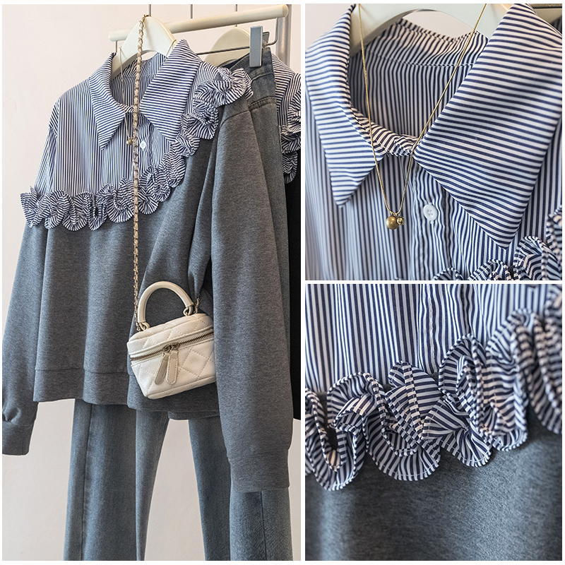 韩系条纹衬衫木耳花边拼接卫衣女秋冬大码胖mm减龄宽松假两件上衣