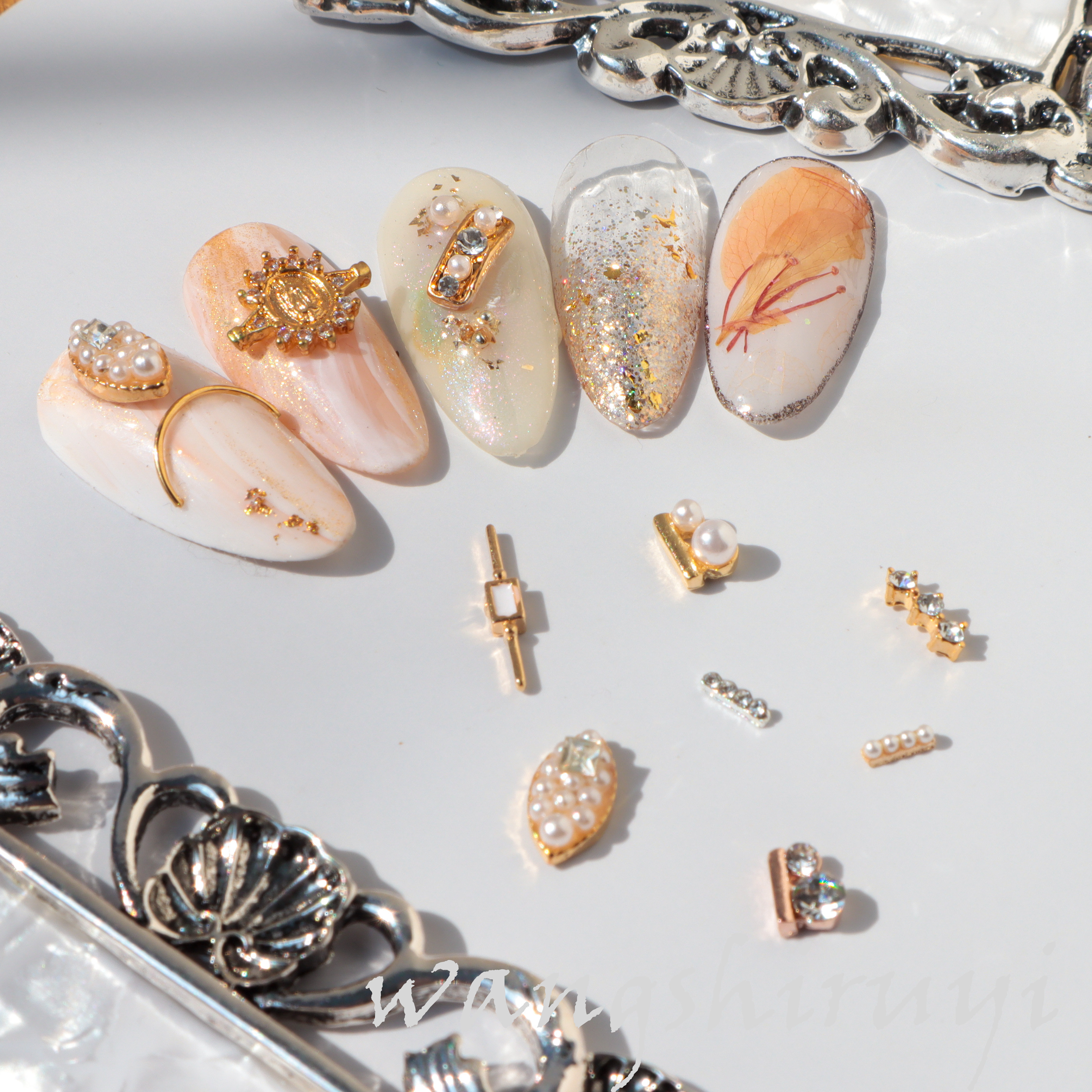 日韩美甲装饰搭配满钻珍珠金属合金饰品2022新款简约百搭ins风