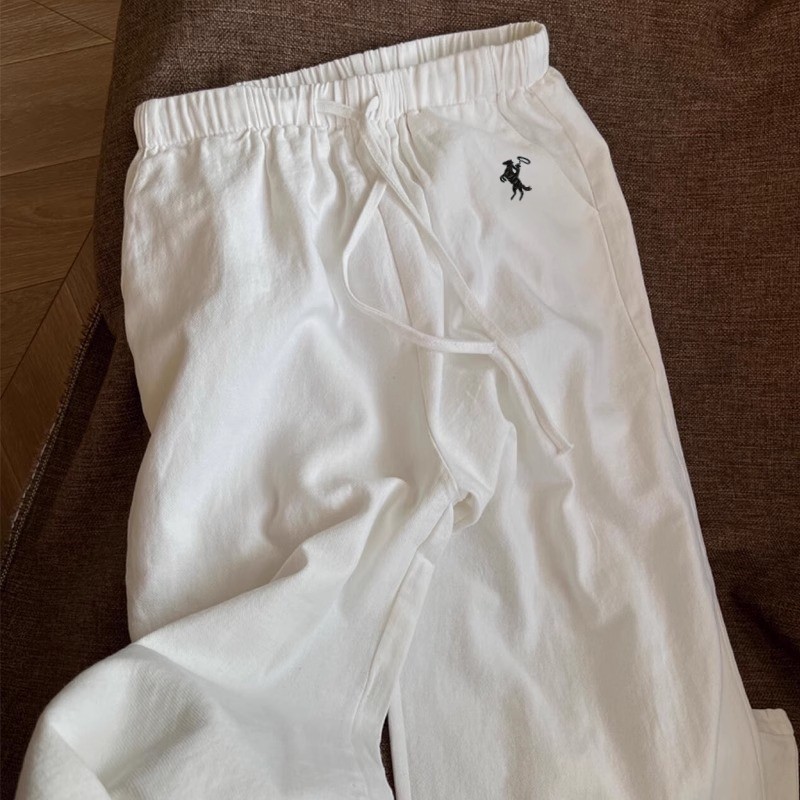 刺绣白色阔腿裤女夏薄款慵懒风松弛感垂感高腰直筒宽松休闲长裤子