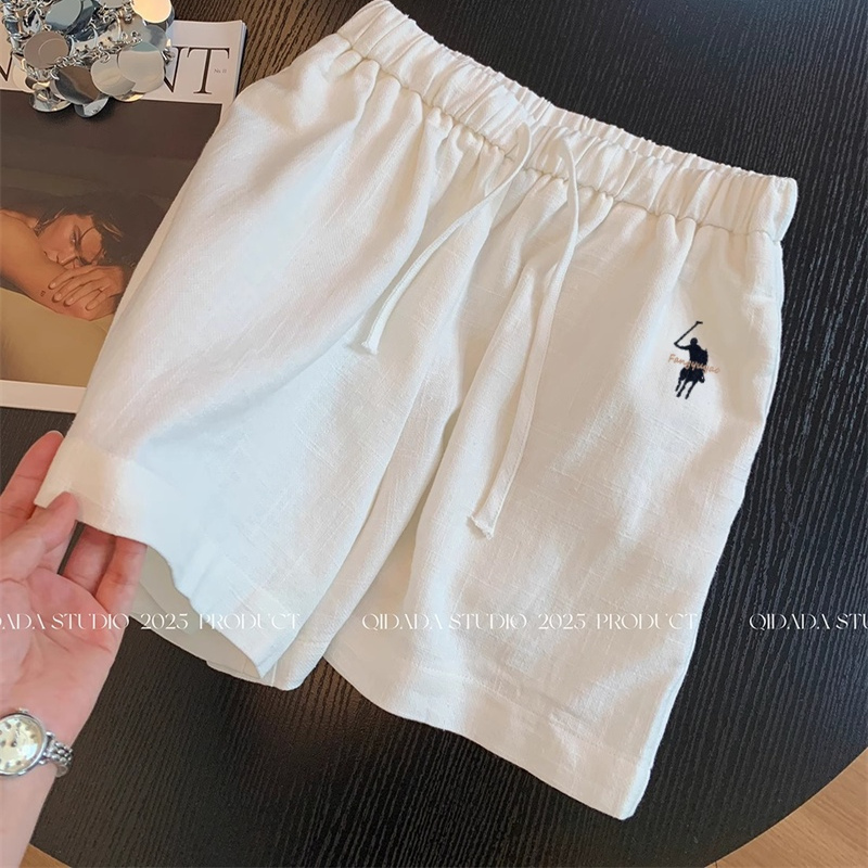 白色老钱风亚麻短裤女夏薄款小个子高腰宽松休闲阔腿棉麻五分裤子