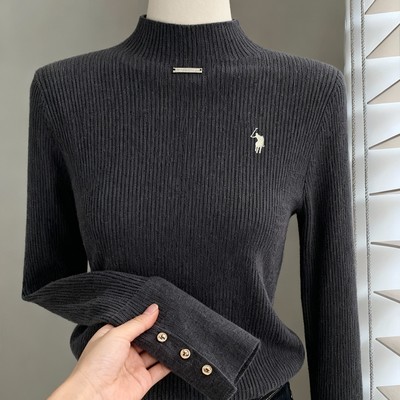 半高领针织衫女秋冬高级感修身内搭打底衫小马标刺绣中领毛衣上衣