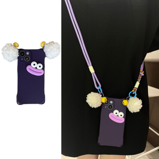 韩ins立体香肠嘴毛绒铃铛吊坠适用于17苹果16手机壳iphone14promax13斜跨背带绳12四角可挂11手短绳15pro