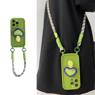 斜挎挂绳手机壳14Promax16/17蘑菇伸缩粘贴式支架11适用苹果iPhone15全包防摔12简约13撞色防摔手腕绳软XS