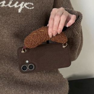 复古棕可爱碱水面包立体手提腕带ins韩系17适用15pro苹果16ProMax手机壳iPhone16/13软14Promax保护套12女XS