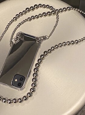 ins简约银珠斜挎链12mini适用17苹果13promax14手机壳7p镜面11/xsmax背带式链条8Pihone15/16华为MATE60PRO