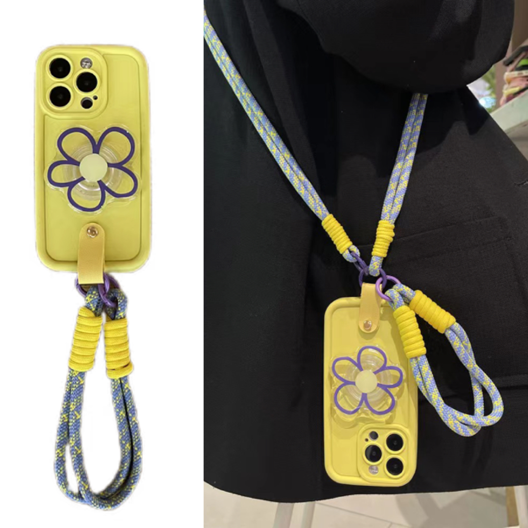 ins撞色花朵支架手拎短绳适用于苹果15/16手机壳iphone14promax13斜挎背带绳12软11少女黄XS