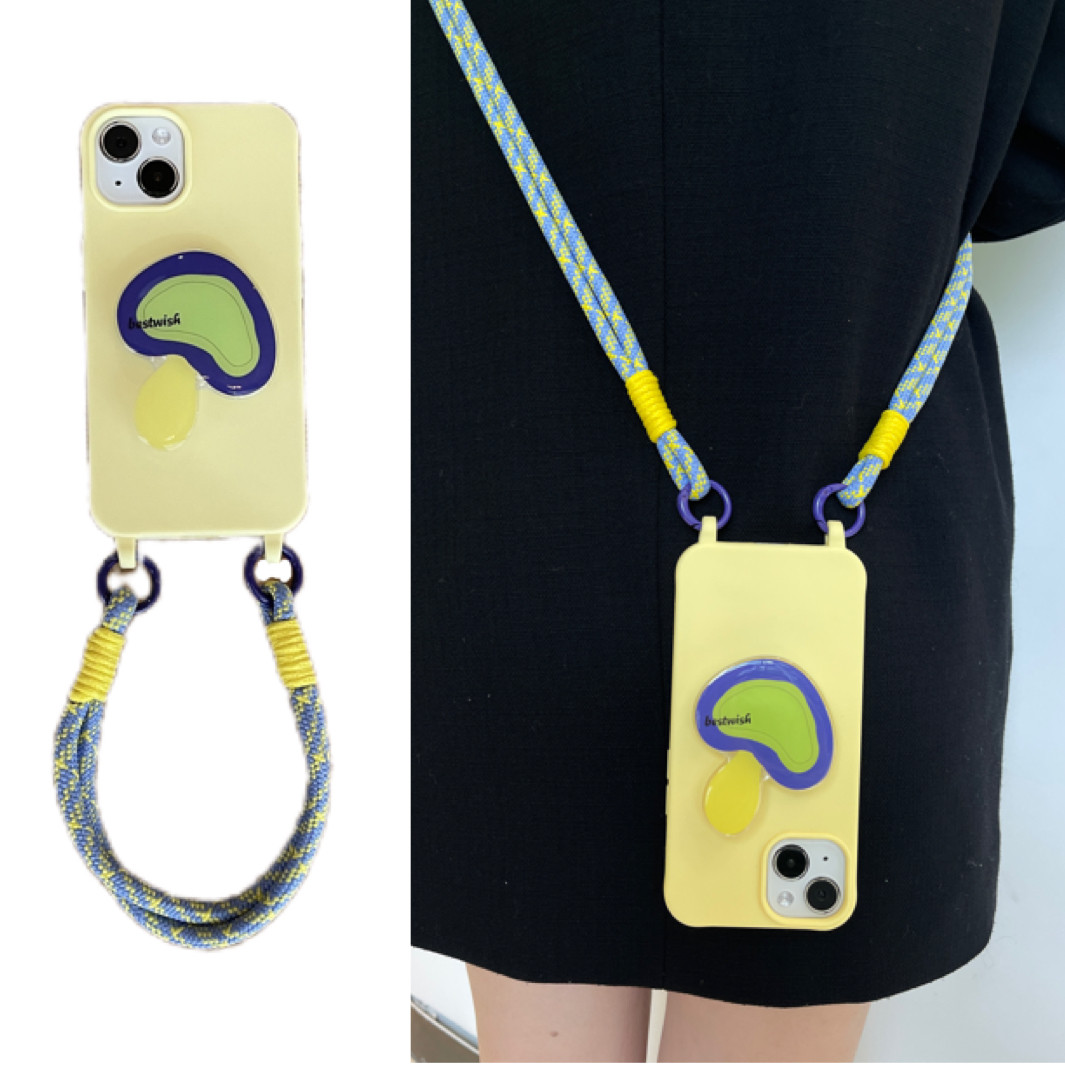 ins春日黄蘑菇支架手拎短绳适用于苹果15/16手机壳自带双挂钩iphone14promax13斜挎12mini软11原创设计XS