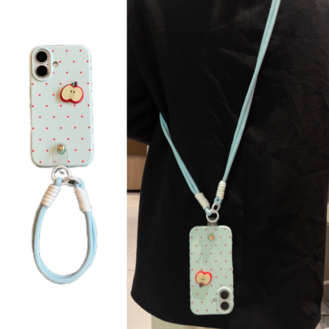 春日ins奶蓝波点立体苹果手拎短绳适用于苹果17手机壳iphone16promax斜跨绳15软14/13