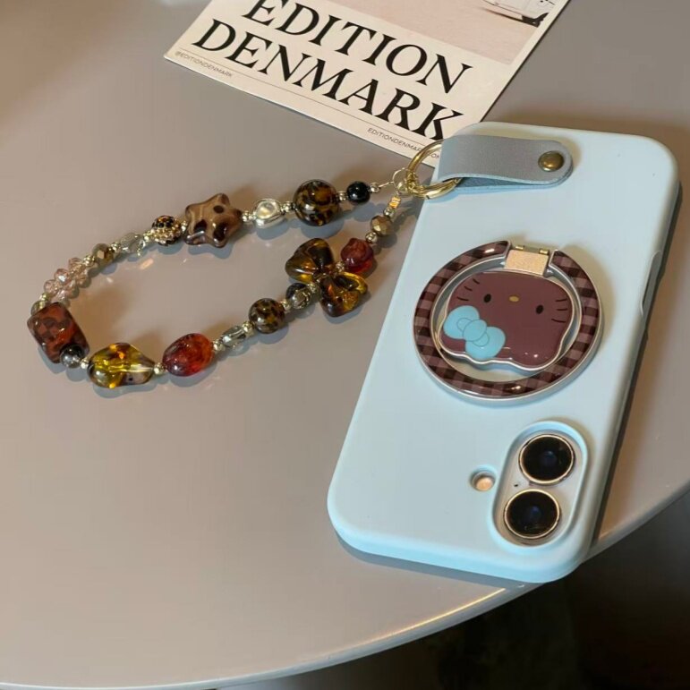 ins秋冬复古棕黑皮kitty猫金属磁吸支架手腕链条适用于苹果17手机壳Iphone16promax硅胶15/14套13