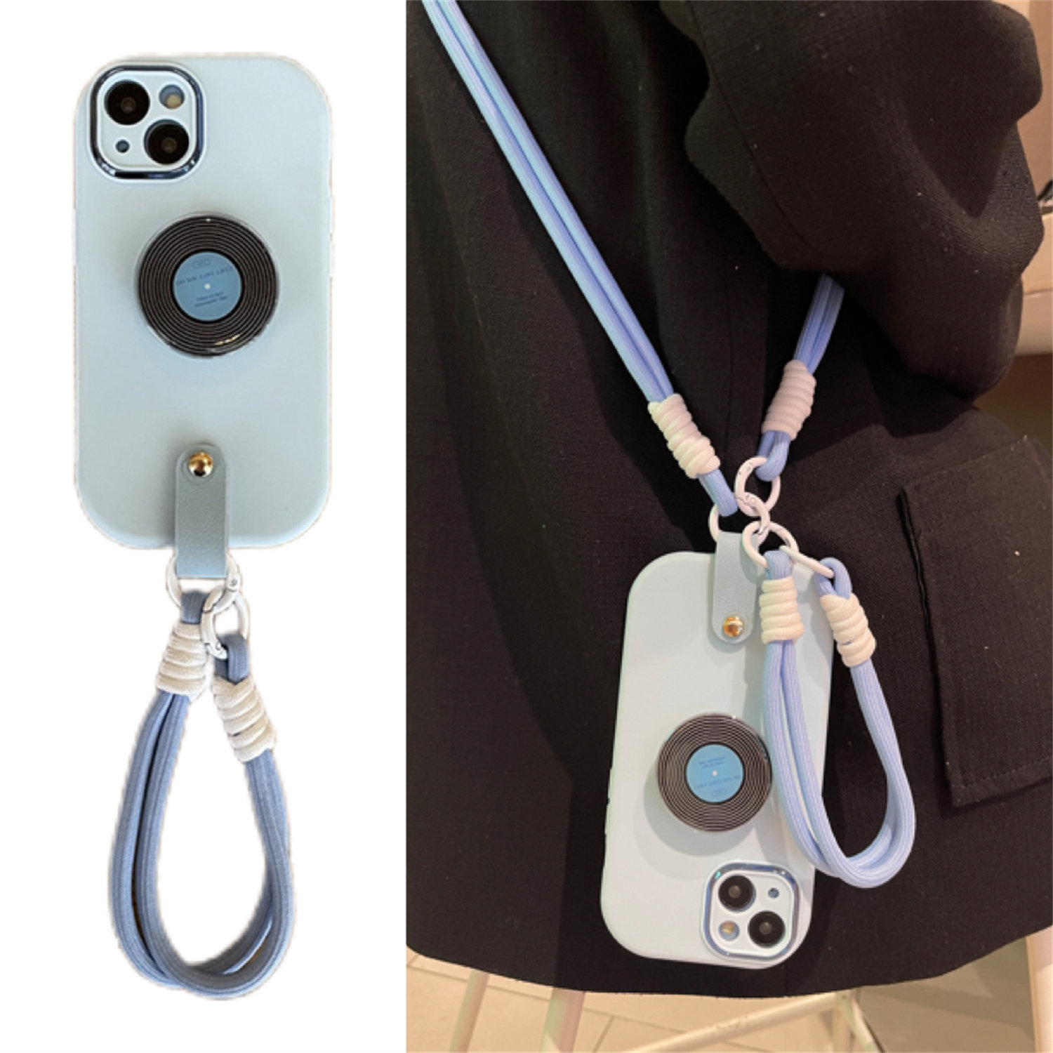 小众ins蓝色唱片支架17苹果14ProMax手机壳iPhone16创意15手提绳绳12Pro支架15Promax斜跨背带保护套13男女XS