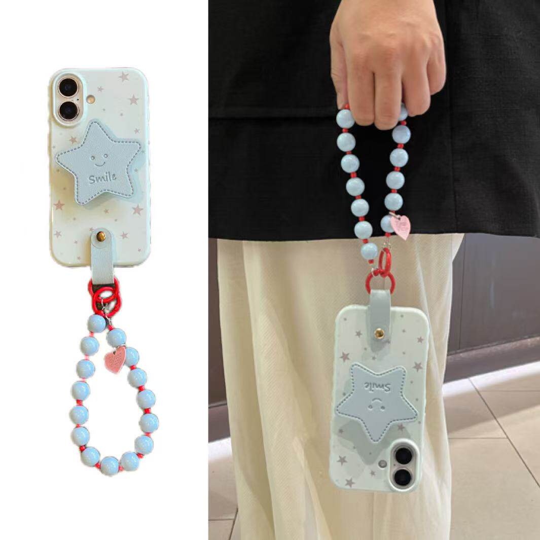ins春日奶蓝星星可爱皮质支架手拎短链条适用于苹果17手机壳Iphone16promax套15/14软13小众12