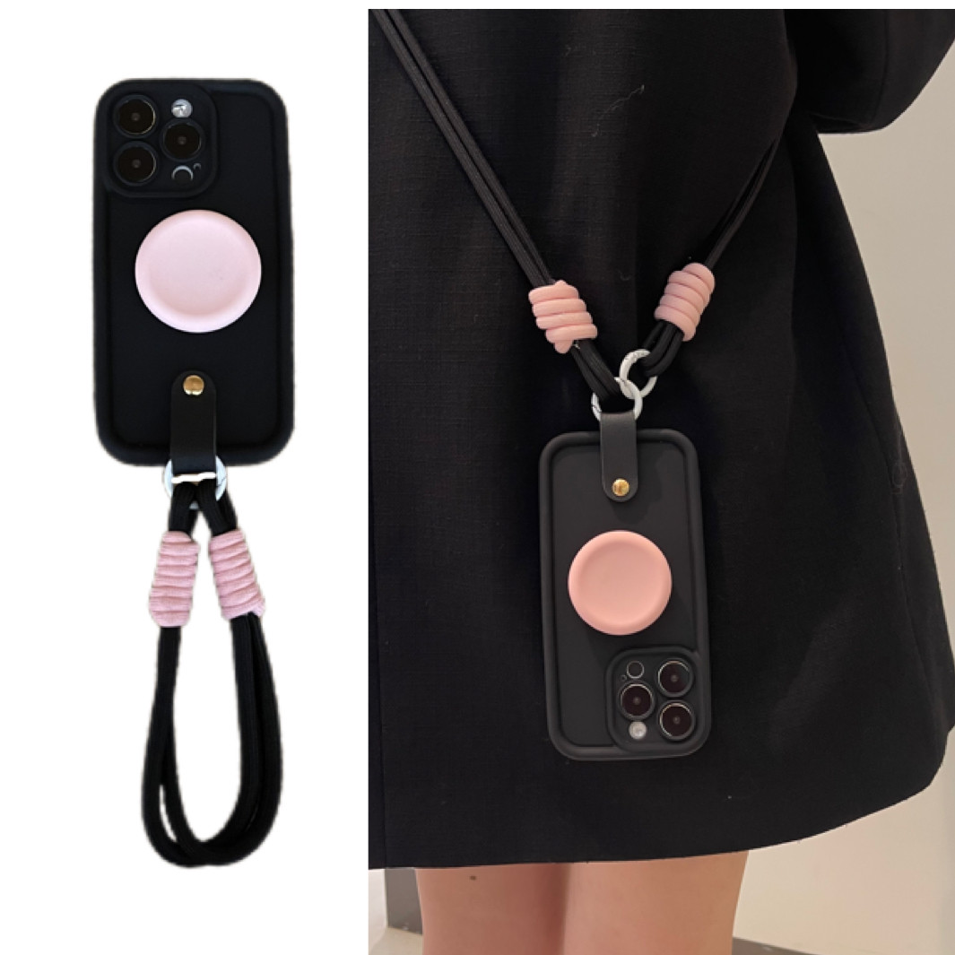 高级小众黑粉撞色支架适用17iphone14promax16手提式13mini苹果15手机壳11斜挎背带绳12pro硅胶xs女全包软XS