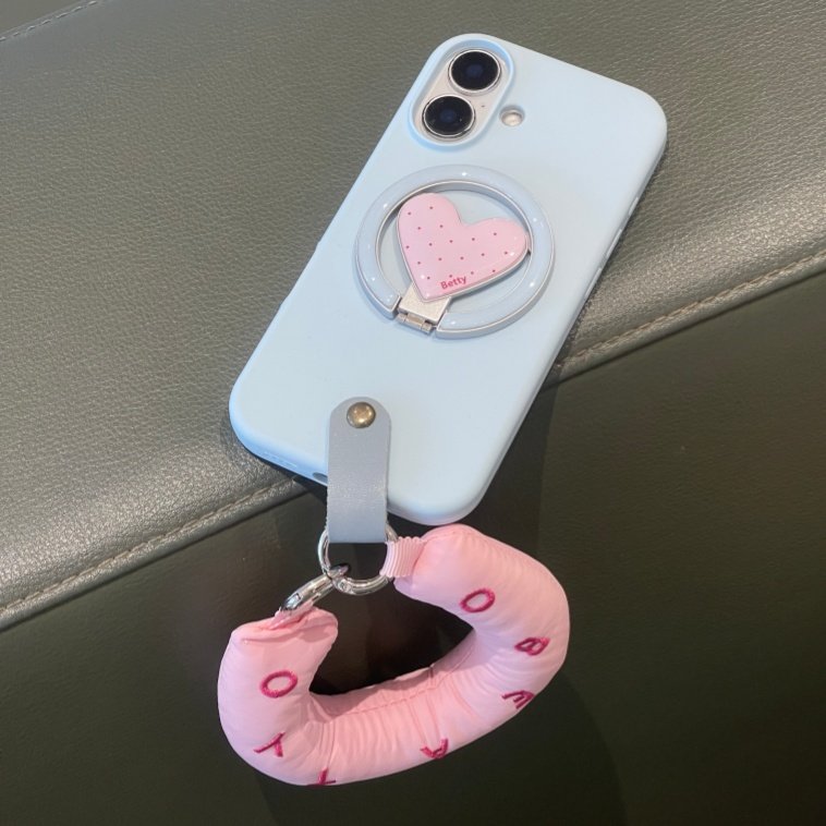 ins少女奶蓝硅胶爱心波点磁吸支架充棉手腕带适用于苹果17手机壳iphone16套15/14小众13新款12